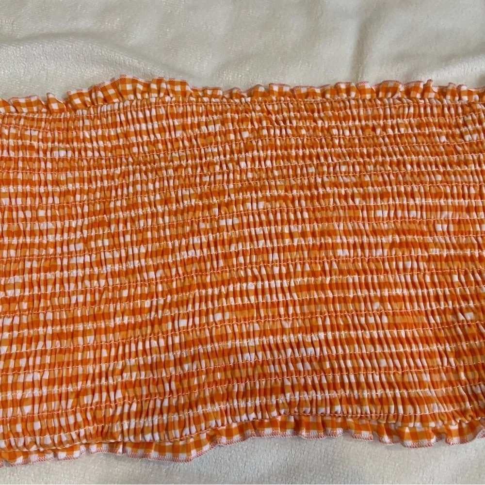 New! Frankie's Bikinis Iris Orange White Gingham Bandeau bikini Top 1582